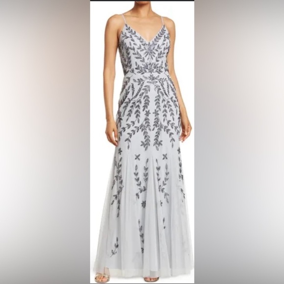 Marina mesh beaded and sequined  gown on light slightly blue tinted gray. Size 6 - Picture 1 of 8